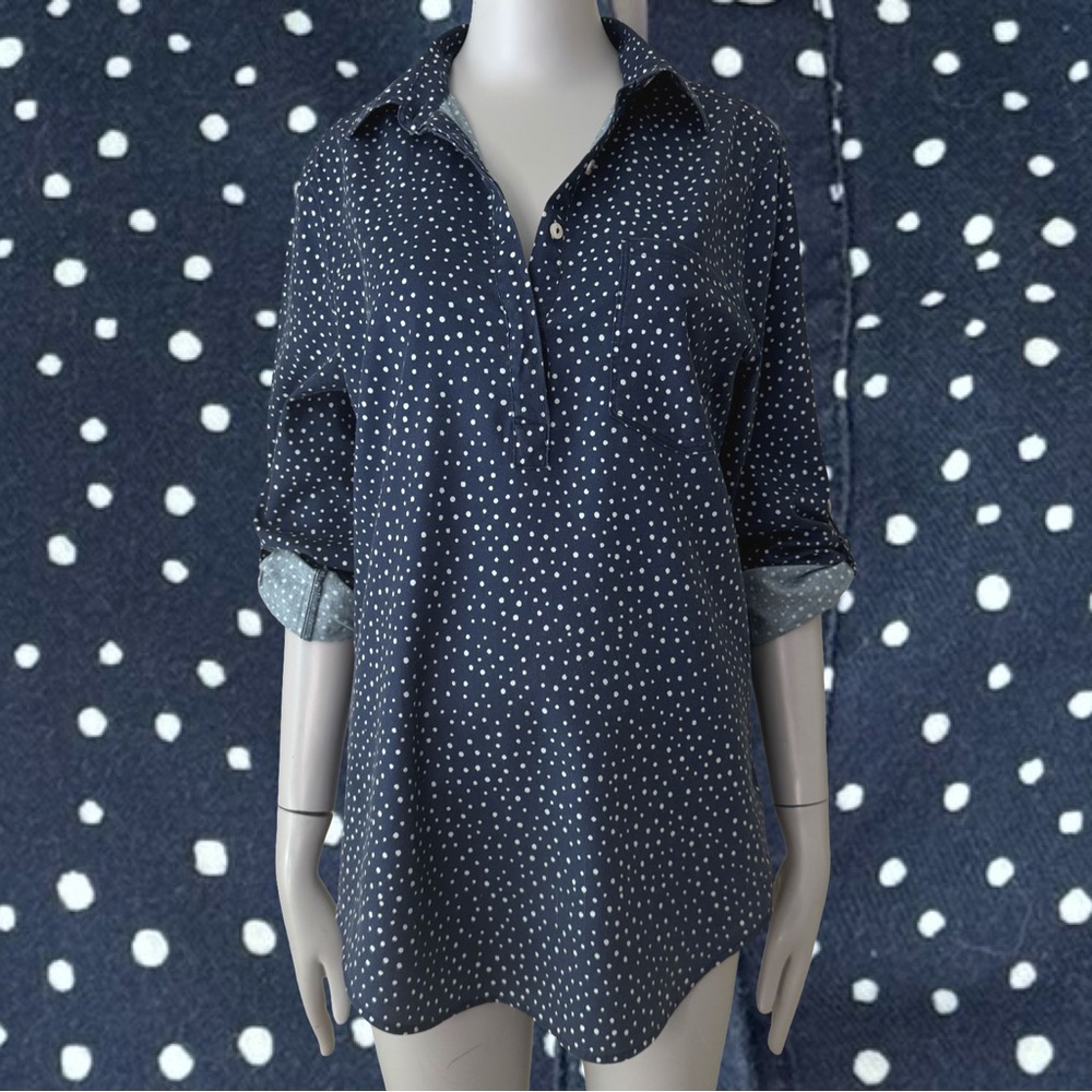 CARVE DESIGNS Organic Cotton Polka Dot Button Front Tunic Blouse Roll Up Sleeve